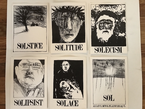 line of six hand-drawn cartoons depicting concepts that begin with "Sol" like "Solstice" and "Solitude"